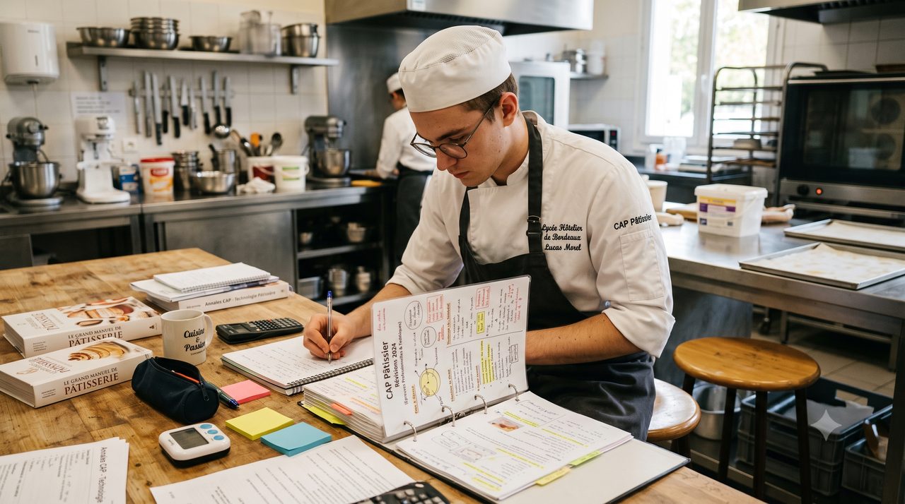 Élève en tenue de pâtissier révisant ses fiches CAP dans un laboratoire, entouré de manuels, d'annales et d'un minuteur
